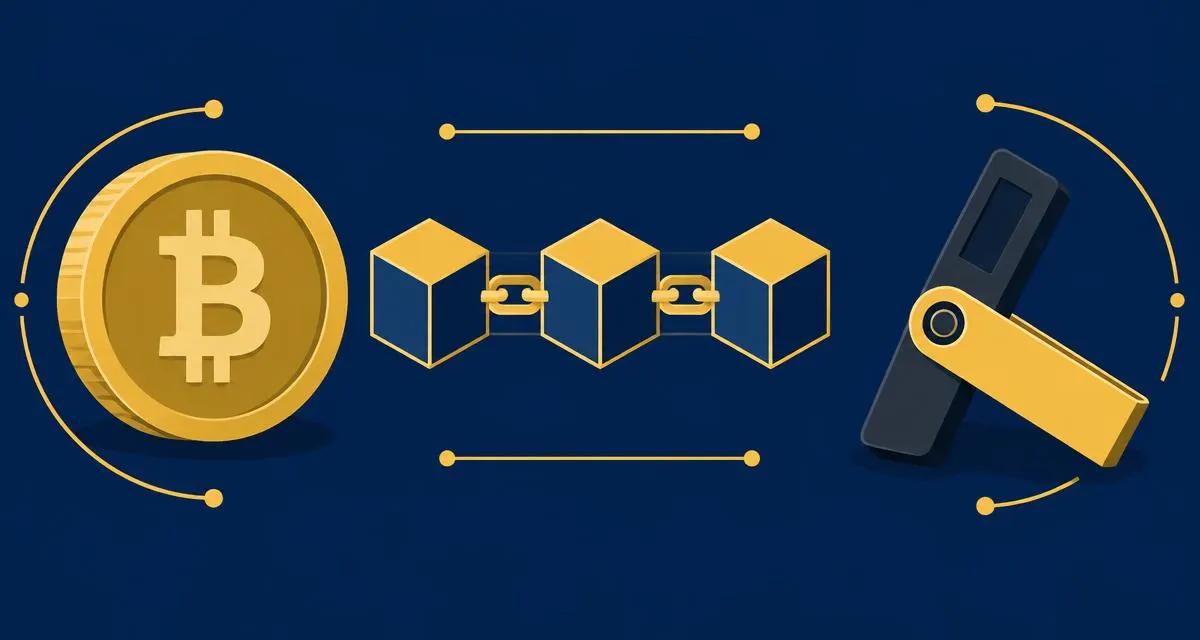 Bitcoinmynt, en kedja av block och en hårdvaruplånbok