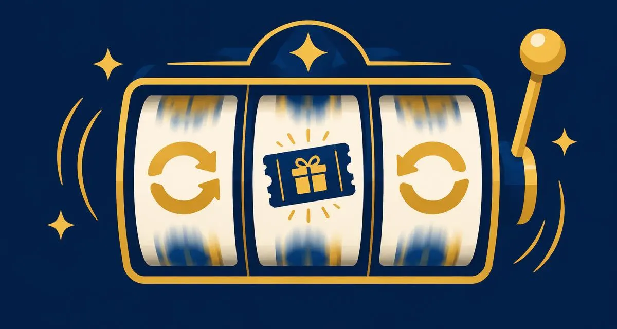 Spelautomatens hjul i rörelse med snurrpilar och en presentbiljett