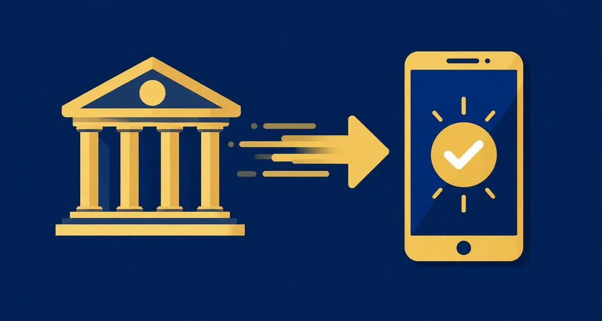 Bankbyggnad kopplad med en snabb pil till en mobil som visar godkänd överföring