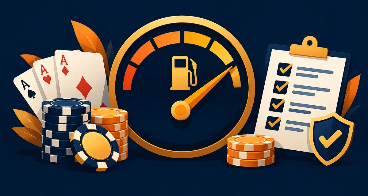 Bränslemätare, spelmarker, kort och kontrollista som symboliserar granskningen av Refuel Casino