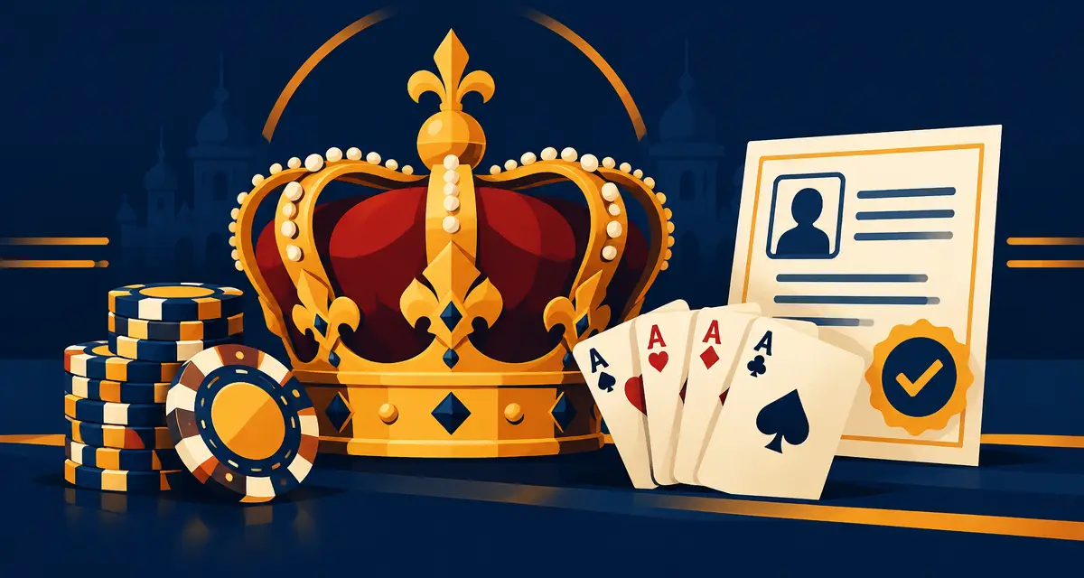 Kungakrona, spelmarker, kort och licensdokument som symboliserar granskningen av Tsars Casino