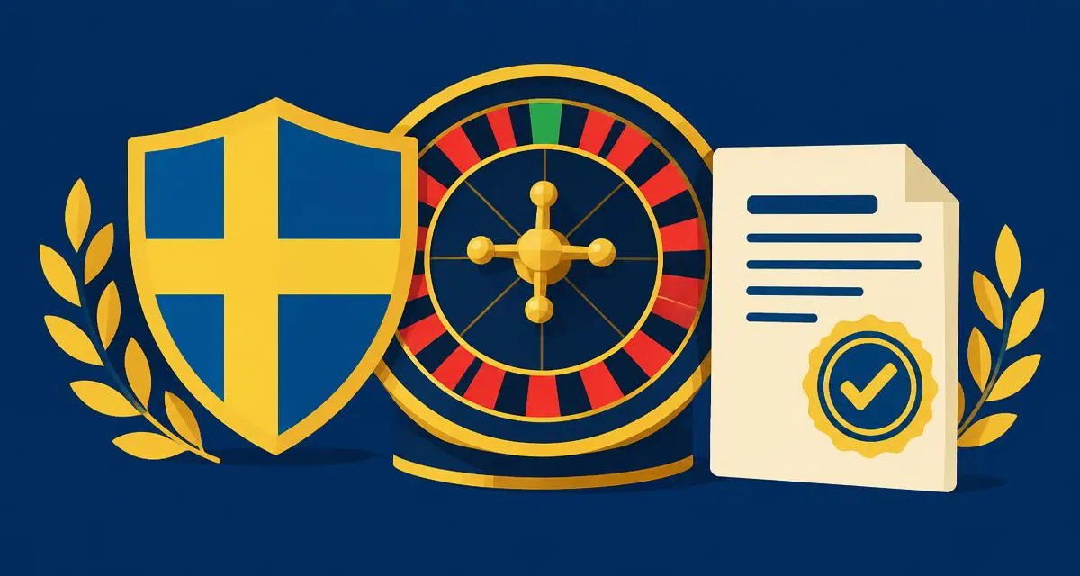 Illustration med svensk sköld, roulettehjul och ett licensdokument med stÀmpel